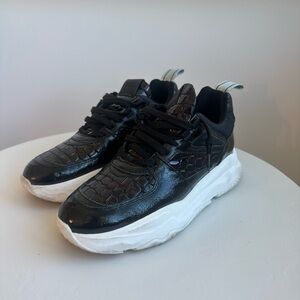 P448 Black Croc-Texture Sneakers with White Sole